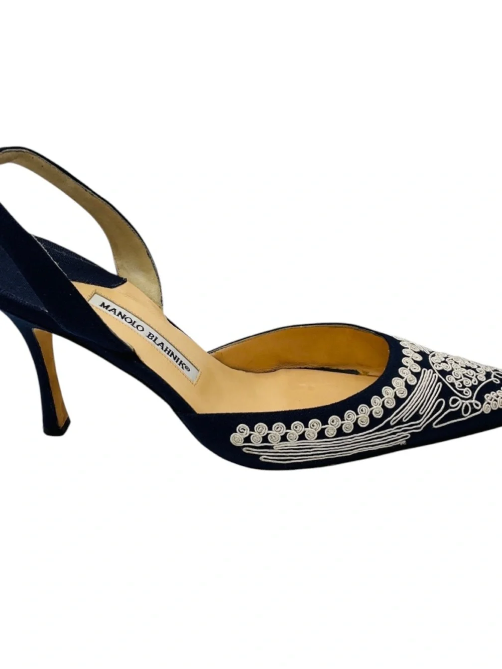 MANOLO BLAHNIK NAVY BLUE / WHITE EMBROIDERED LINEN SLINGBACK PUMPS